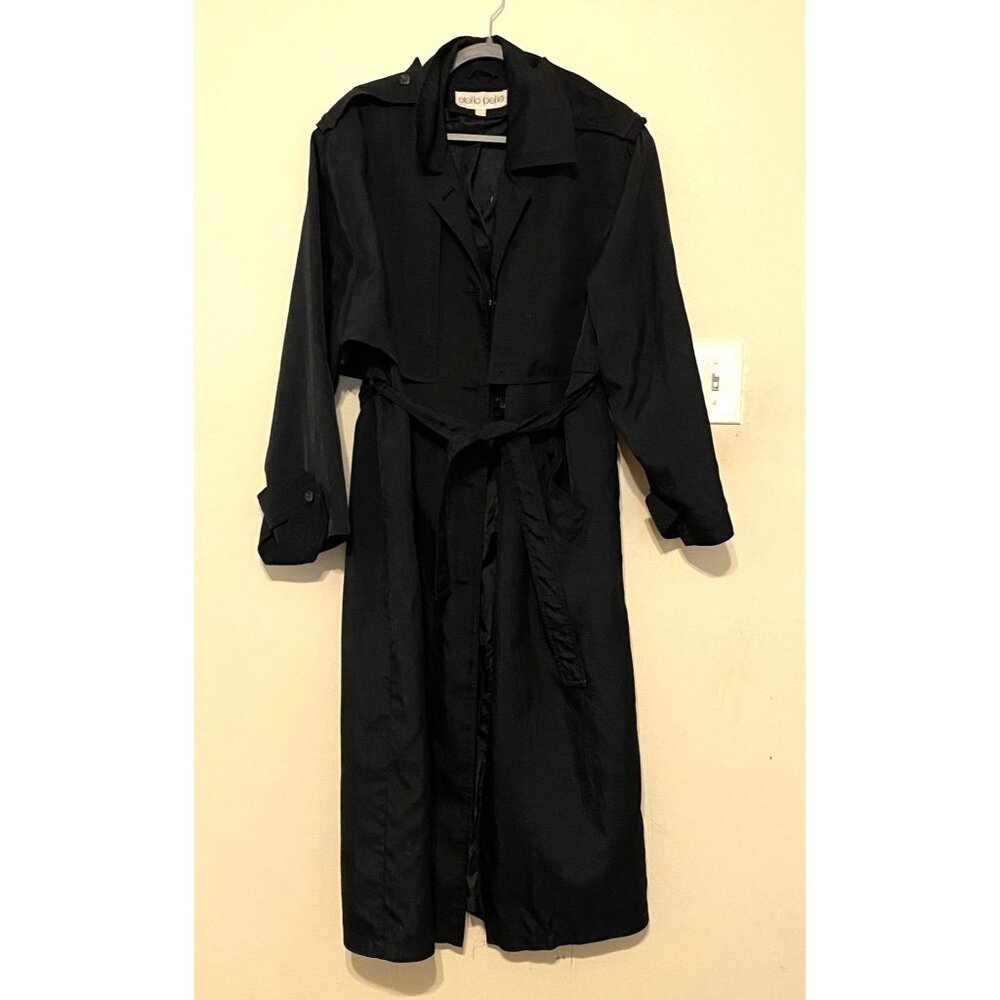 VTG 1990s Otello Pelle Black Belted Trench Coat Duster Jacket Womens‎ Large